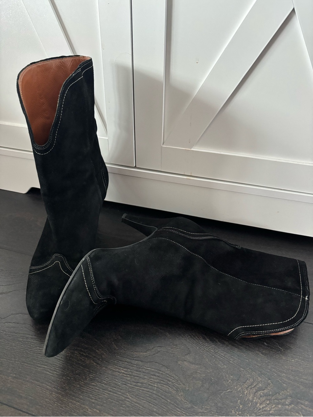 Black Suede Mid-Calf Western Heeled Boots